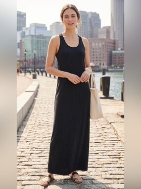 LOFT Women’s Size L Crew Neck Sleeves Maxi Dress Black Cotton Summer